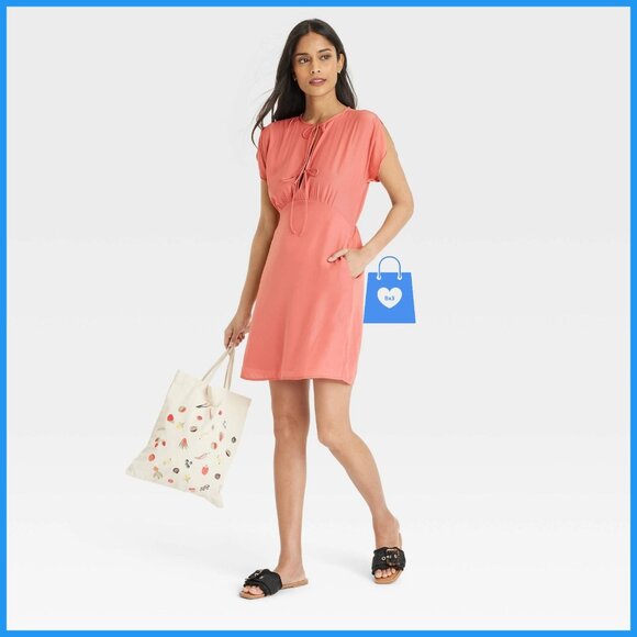 Small - Womens Tie-Front Flutter Short Sleeve Mini A-Line Dress - Pink - Picture 2 of 6